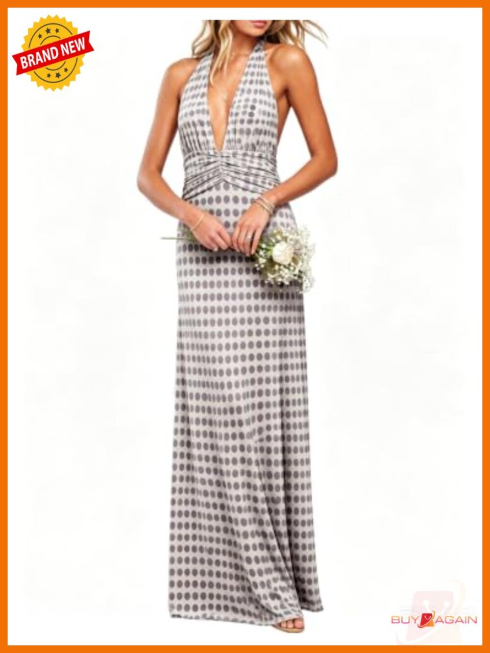 Women's Sleeveless Halter V Neck Backless Mesh Floral Maxi Dress